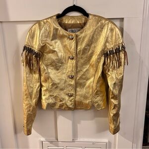 Gingette VINTAGE gold leather bomber jacket fridge beaded retro